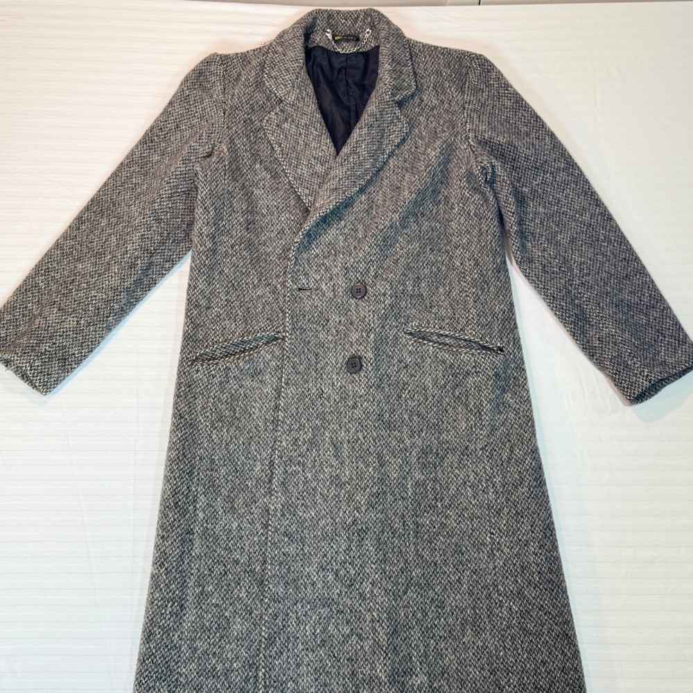 Vintage 100% Wool Herringbone Overcoat Mens Grey Long Trench Coat Made in USA - Picture 2 of 11